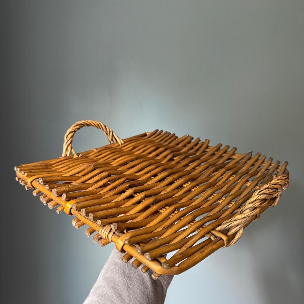 Vintage Woven Rattan Wicker Serving Tray Handles Boho Brown Basket Decor